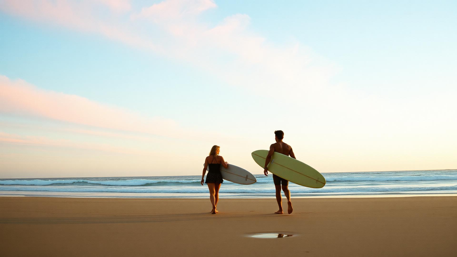 Two surfers walking to the ocean at dawn